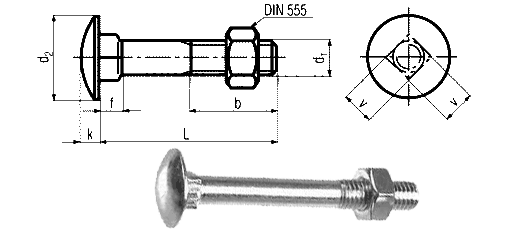 DIN 603 Mu - Carriage Bolts With Hexagon Nuts Dimension