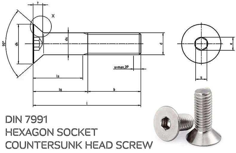 DIN 7991 Hexagon Socket Countersunk Head Screw Dimensions